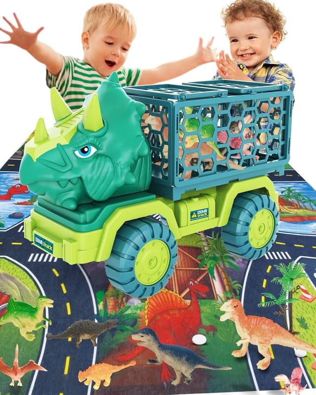 Detalle de Dinosaur Truck Toys for Kids (Triceratops) with 15 Dino Figures, Activity Play Mat & Dinosaur Eggs Set
