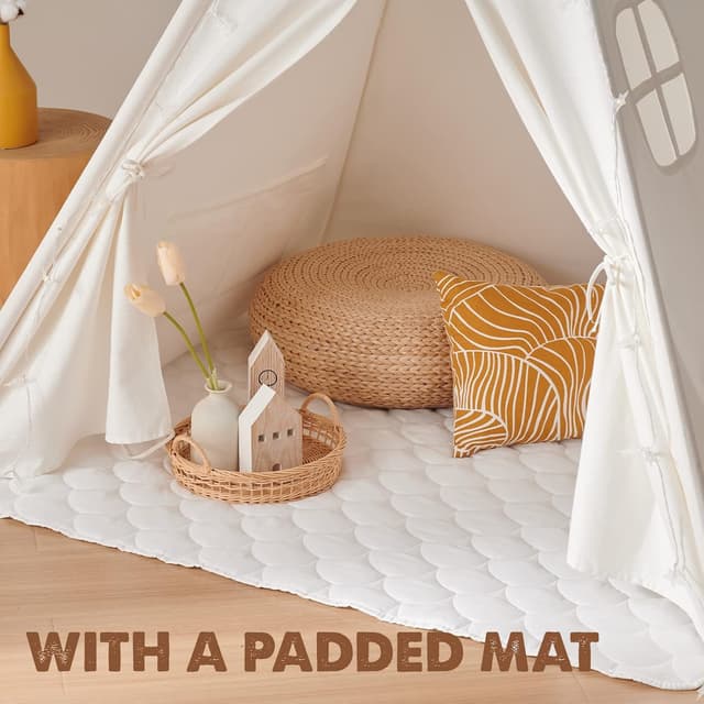 Detalle de Tiny Land kids teepee tent with padded mat, fairy lights and carry bag (Raw White Canvas)