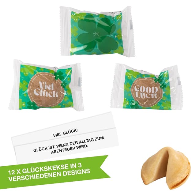 Detalle 2 de FOOD crew 12 Glückskekse „Viel Glück“ – vegane Glückskekse als kleines Geschenk für Familie, Freunde & Kollegen