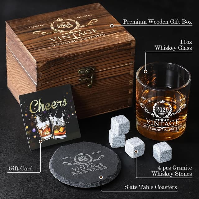 Detalle de Retirement Gift for Men Whiskey Glass Set (2026 The Legend Has Retired) — Wooden Box, Slate Coaster, Granite Stones