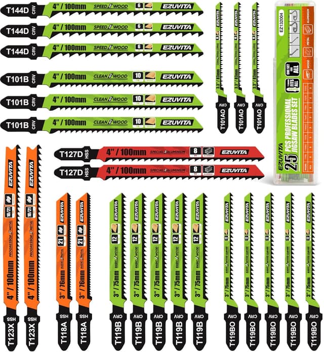Detalle de EZUVITA 25-Piece T‑Shank Jigsaw Blade Set with Storage Case for Wood, Plastic and Metal