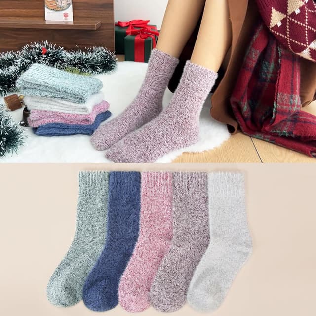 Detalle de ICEIVY Fluffy Fluffy Socks gift set for women – warm wool thermal bed socks, 5 pairs (one size 4–9)