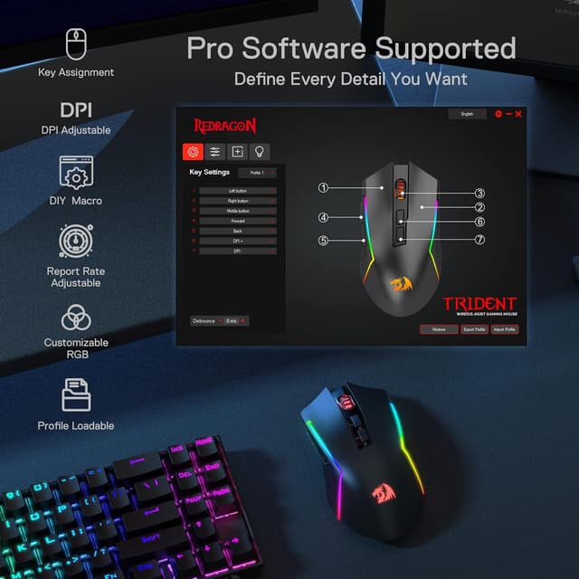 Detalle de Redragon M693 Wireless Gaming Mouse (Bluetooth & 2.4G) with 8000 DPI, 7 Macro Buttons and RGB