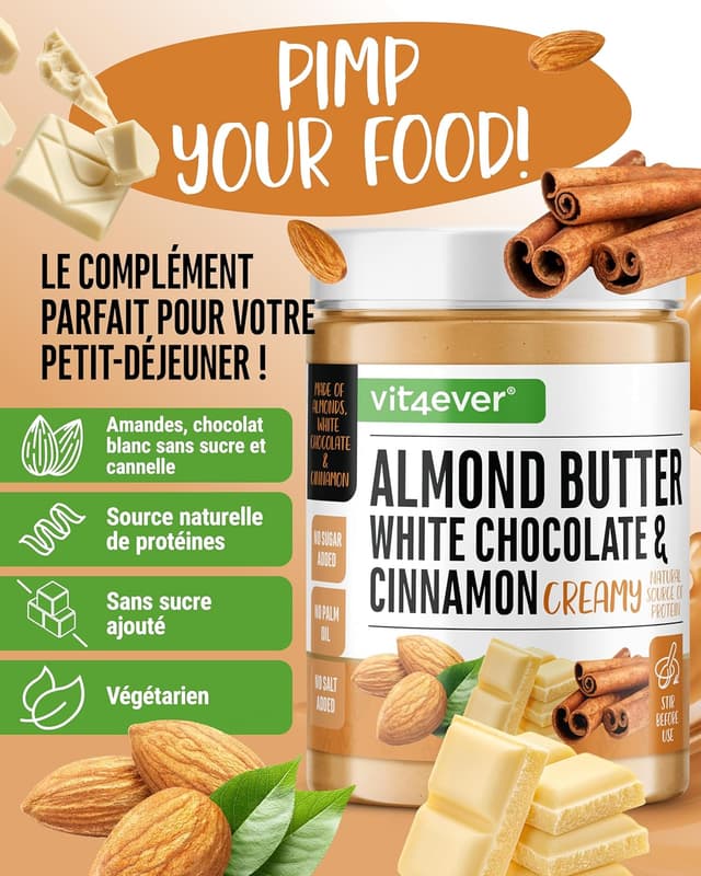 Detalle de vit4ever Beurre d’amande Chocolat blanc Cannelle, 1 kg (naturel) – texture onctueuse, sans huile de palme