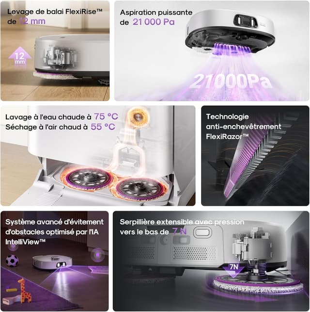 Detalle de Eureka J15 Ultra Gen2 : robot aspirateur-laveur avec station, lavage à 75°C et aspiration 21000Pa