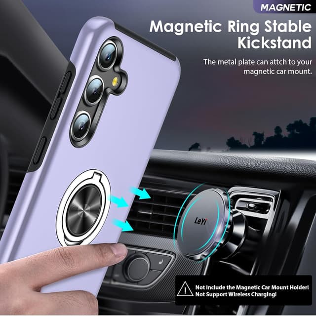Detalle de LeYi Samsung Galaxy S25 Plus phone case with 2 tempered glass protectors and invisible 360° ring holder (Purple)
