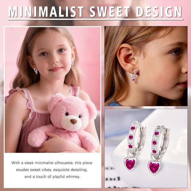 Detalle de Bewenda Ohrringe aus Silber 925 für Kinder & Damen – Creolen mit Herz-Anhänger und Zirkonia (inkl. Geschenkbox)