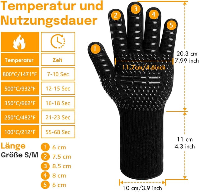 Detalle de Reinalin Grillhandschuhe hitzebeständig bis 800°C (EN407/EN388) – Ofen-, BBQ- und Backhandschuhe S/M, Gold