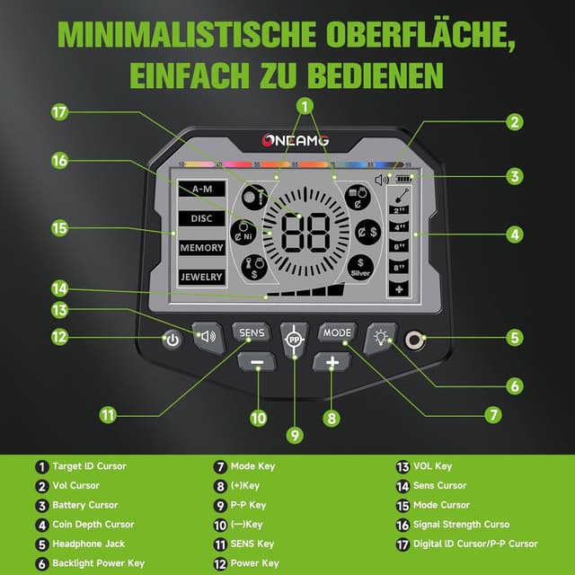 Detalle de OneAmg Metalldetektor Profi – 5 Suchmodi, Pinpointer, IP68 Suchspule inkl. Kopfhörer, Schaufel & Rucksäcke