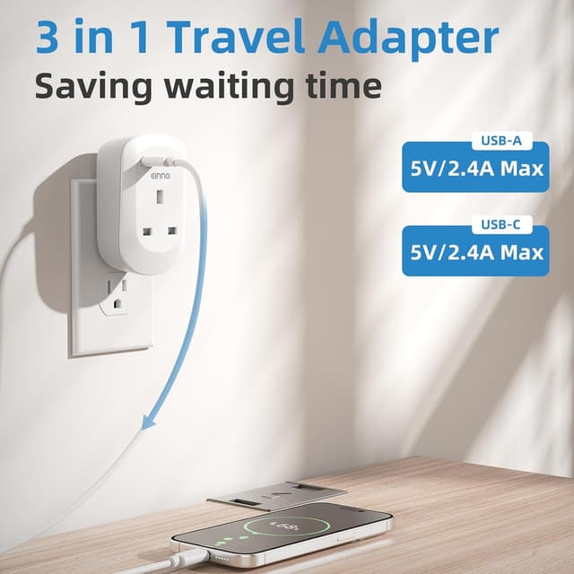 Detalle 2 de EINNO UK to US Plug Adaptor 3-in-1 with USB-C & USB-A (Type B) for US, Canada, Mexico and more