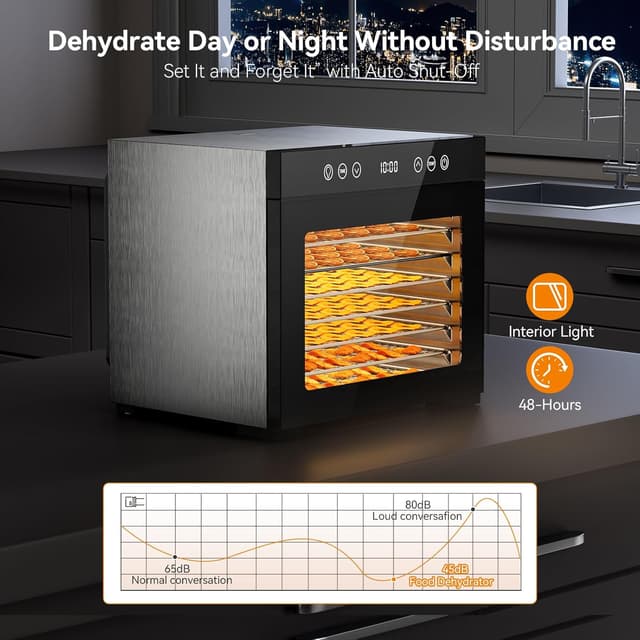 Detalle de Food Dehydrator Machine with 8 Stainless Steel Trays, 650W Motor, Adjustable Temperature & 48-Hour Timer (Jerky, Fruits, Herbs, Dog Treats)