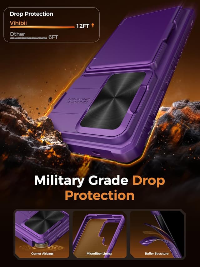 Detalle de Vihibii Galaxy S26 Ultra case wallet with RFID card holder (up to 4/5 cards) and slide camera lens cover, Dark Purple