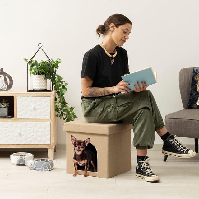 Detalle de Baroni Home Cuccia Cane e Gatto pieghevole color tortora, pouf/tavolino relax 38x38x38 cm