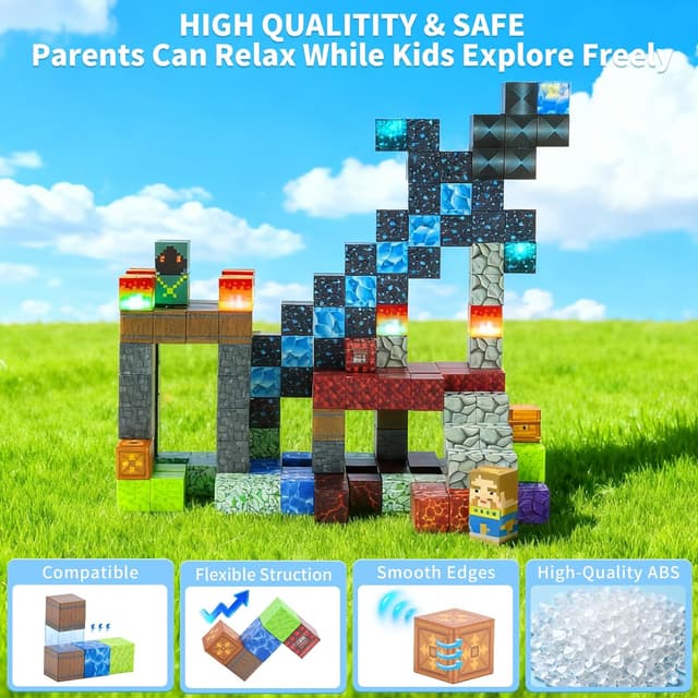 Detalle de MEESHEEP 166-piece Magnetic Blocks set with light-up pieces (STEM Montessori style, age 3–10)