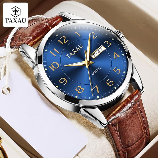 Detalle de Taxau Klassische Lederuhr für Herren – Analog, Quarz, Big Dial mit Lumen- & Day-Date-Anzeige