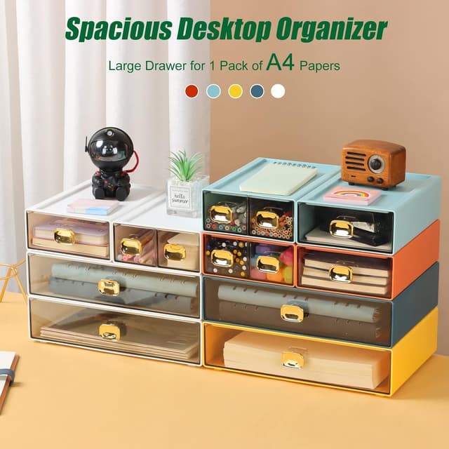 Detalle de OSteed Office Desk Organiser Drawers (Stackable Desktop Storage) – 4 Small A4 Plastic Drawers