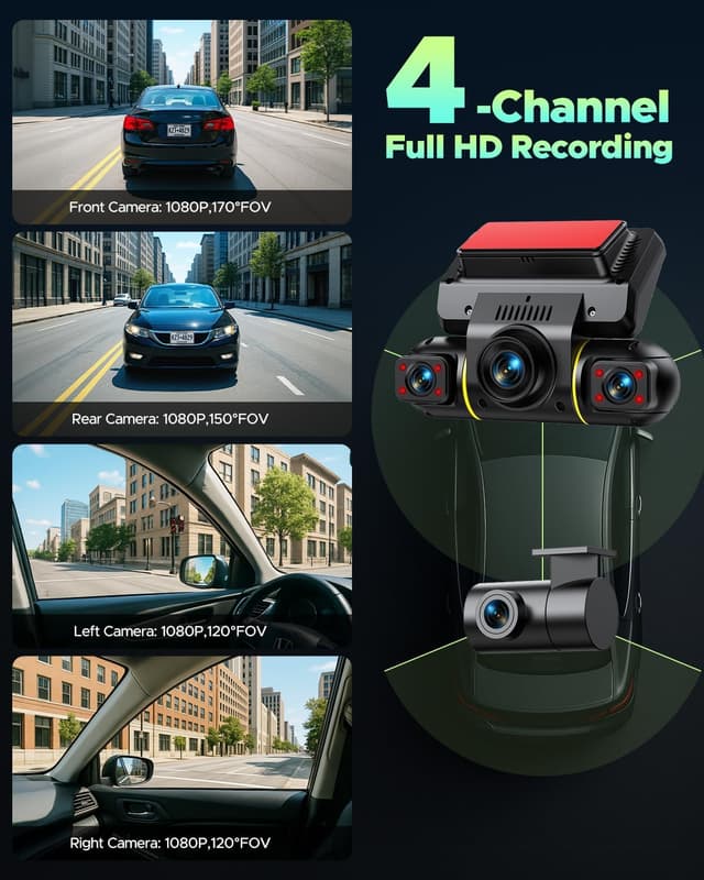 Detalle de LAMTTO 360 Degree View 4-Channel Dash Cam (Front & Rear) with 5G WiFi, 8 IR Night Vision, and Hardwire Kit + 128GB Card