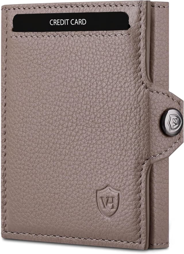 Detalle de VON HEESEN Slim Wallet mit XXL Münzfach & RFID-Schutz – Taupe, Leder-Geldbeutel im Kartenformat