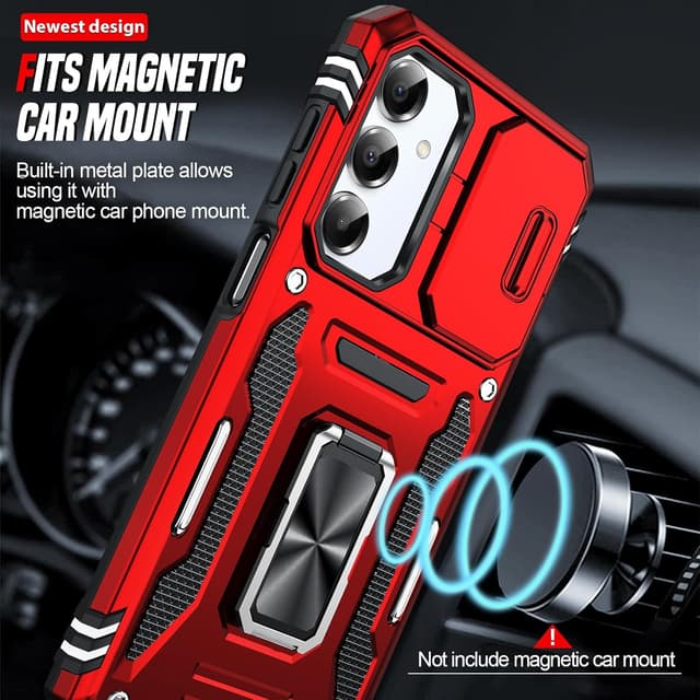 Detalle de LeYi tough armour phone case for Samsung Galaxy A17 4G/5G with slide camera lens cover, ring stand and tempered glass (Red)