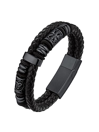 Detalle de Bestyle pulsera de hombre de cuero y acero inoxidable con brújula vikinga (cierre magnético) negra, 21 cm