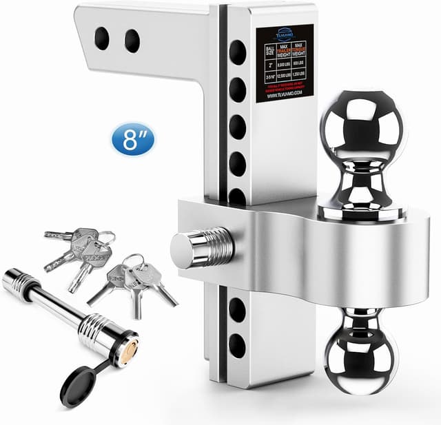 Detalle de Tlvuvmo Drop Hitch Adjustable Trailer Hitch for 2-Inch Receivers (8-Inch Drop/Rise, Dual Ball, Anti-Theft Pins)