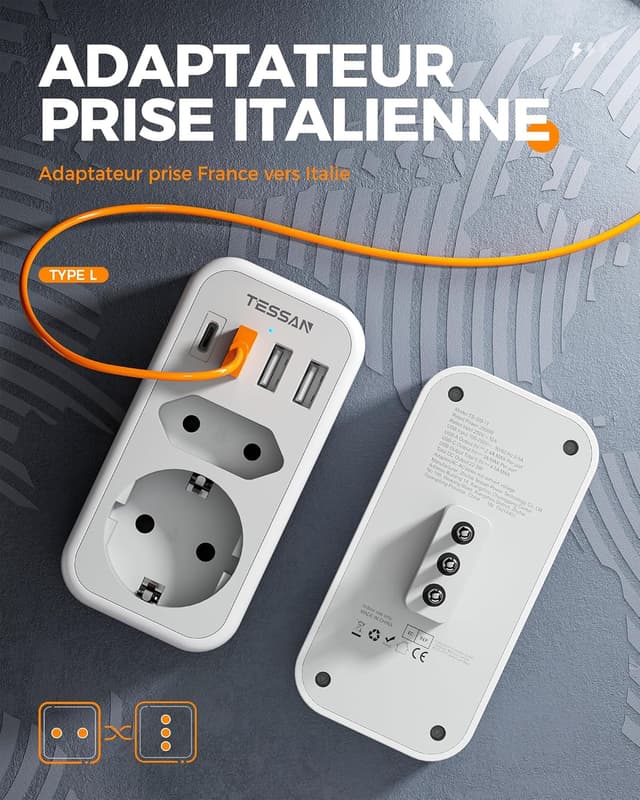 Detalle 2 de TESSAN adaptateur prise italienne 6 en 1