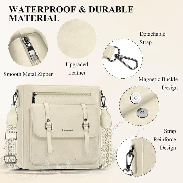Detalle 2 de RAINSMORE Umhängetasche Damen (mittelgroß) Aprikose – Crossbody-Handtasche mit breitem Schultergurt