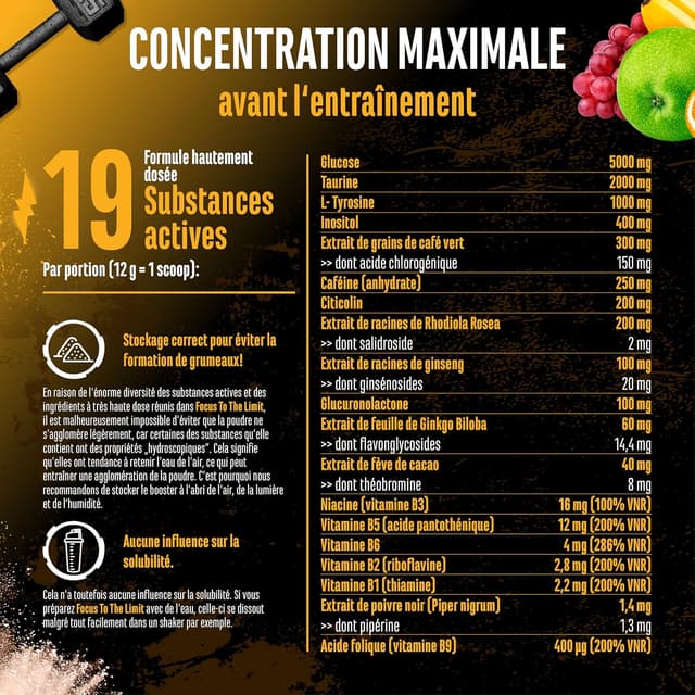 Detalle 2 de Focus to the Limit pre workout hautement dosé au goût mélange de fruits (240 g) avec caféine et vitamines