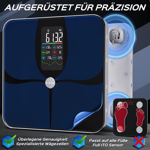 Detalle de Lepulse Körperfettwaage F4 Pro mit App, Großes Farbdisplay und bis zu 22 Körperwerte