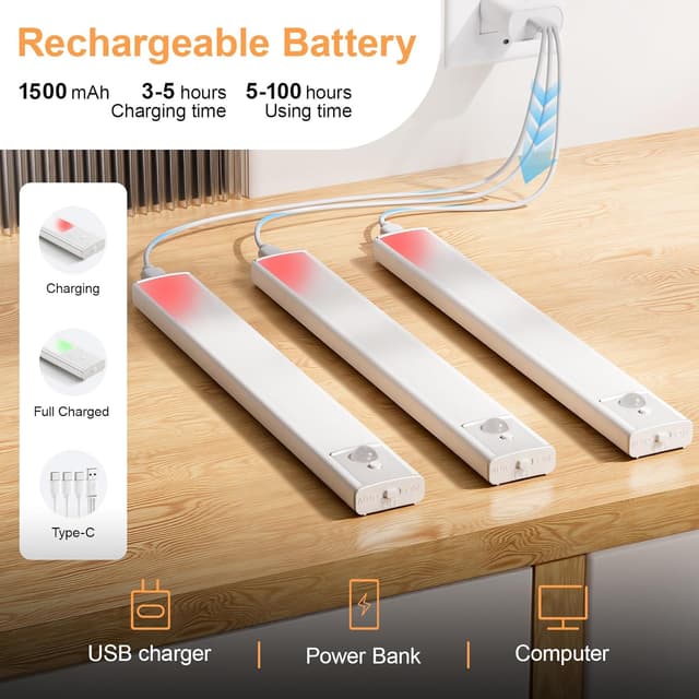 Detalle 2 de daphomeu 5 Pack 30cm Rechargeable Under Cupboard Kitchen Lights with Dimmable Warm LED Motion Sensor