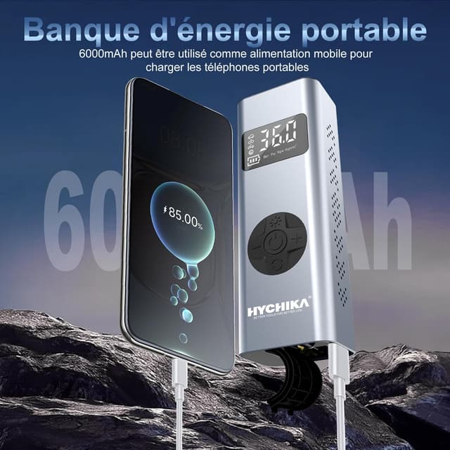 Detalle 2 de HYCHIKA Mini compresseur à air portable 12V 6000mAh avec écran LCD et lampe LED