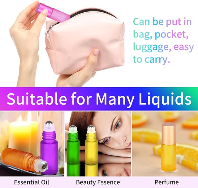 Detalle de Ailvor Roll-on Glasflaschen für Ätherisches Öl (8 Stück), 5 ml mit Edelstahl-Roller und Zubehör