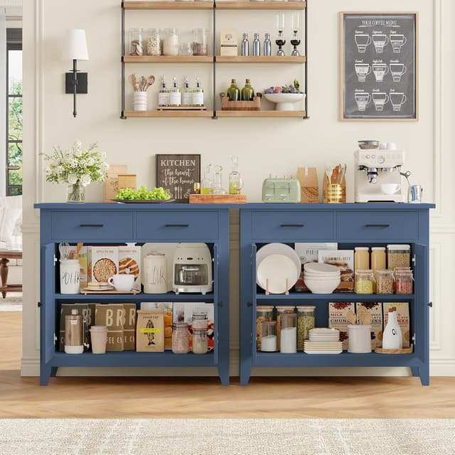 Detalle 2 de HOCSOK credenza armadio da cucina con 2 cassetti e ripiani regolabili, blu 82x40x91 cm