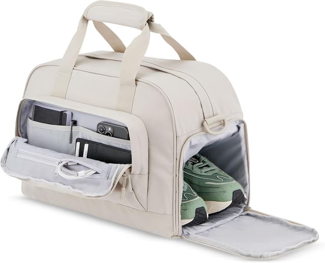 Detalle de LARKSON Finja Medium Weekender da viaggio beige (Donna e Uomo) con scomparto scarpe e PET riciclato