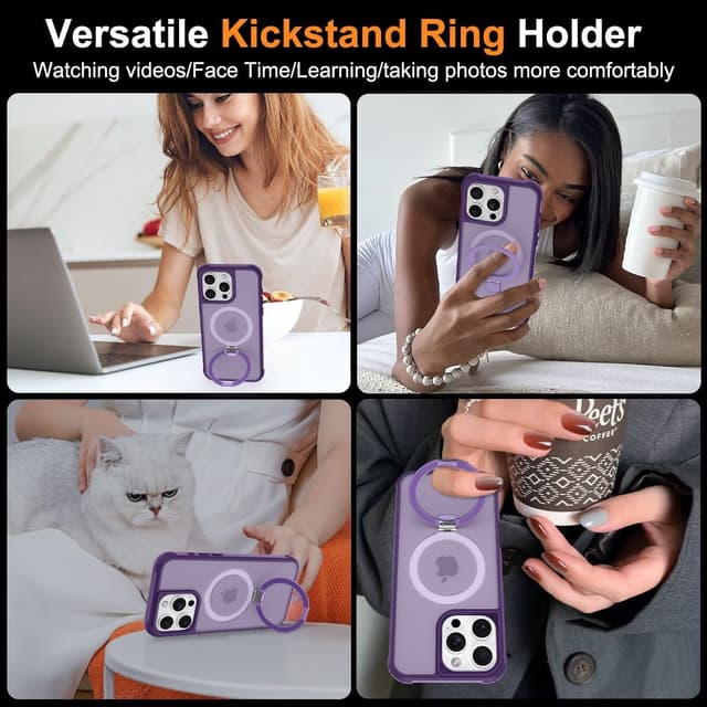 Detalle de CHAOFEnG Magnetic iPhone 16 Pro Case with Metal Ring Stand (Purple) — Military-Grade Drop-Tested, Magnet Compatible