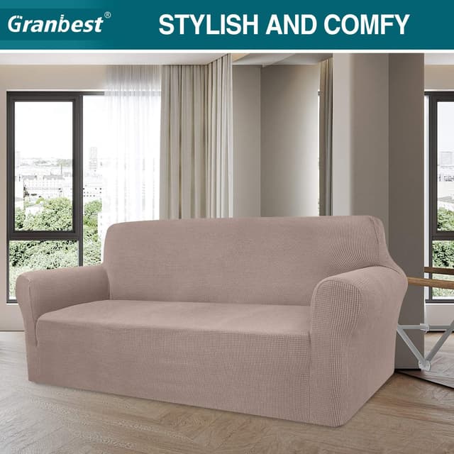 Detalle 2 de Granbest copridivano elasticizzato ad alta elasticità con fondo antiscivolo (3 posti) in jacquard color sabbia