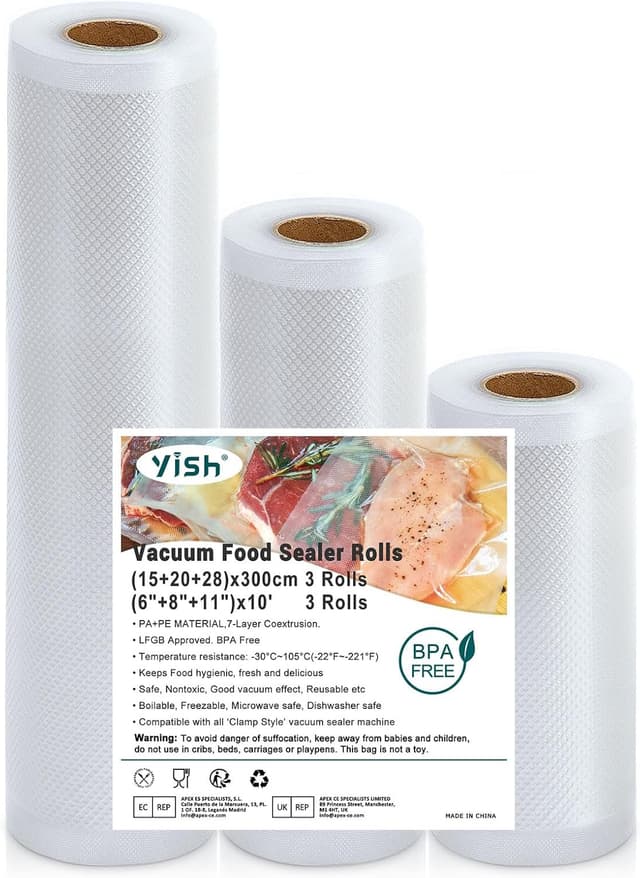 Detalle de YISH Sacchetti Sottovuoto per Alimenti: 3 rotoli 15/20/28 cm (BPA free, per macchina e sous vide)