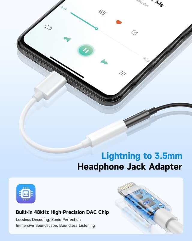 Detalle de Apple MFi Certified Lightning to 3.5mm Headphone Jack Adapter (Premium DAC) — White, 1-Pack