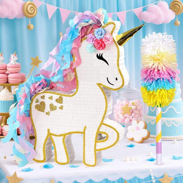 Detalle 2 de 24" Large Rainbow Unicorn Piñata for Birthday Parties — White Magical Unicorn Party Decoration with Gold Horn