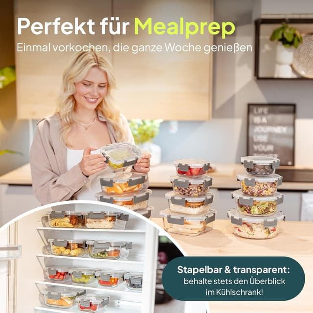 Detalle de uandu Glasbehälter mit Deckel (Meal Prep Boxen-Set, 12-teilig) – BPA-frei, spülmaschinen-, mikrowellen- und gefrierschrankgeeignet