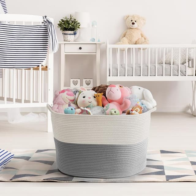 Detalle de Maliton Laundry Basket (Large, 55x35cm, 68L) Foldable Rope Woven Hamper in White & Grey