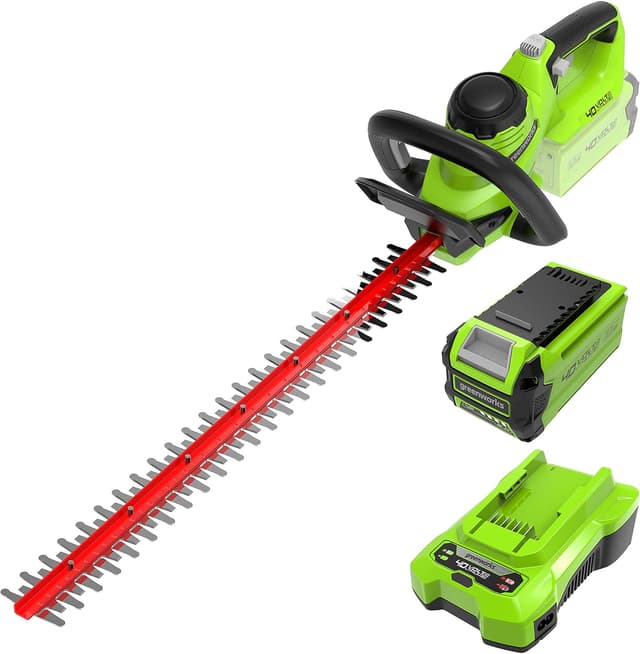 Detalle de Greenworks G40HT61K2 cordless hedge trimmer (61cm) with dual action blades