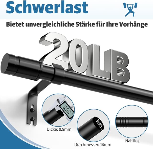 Detalle de TRAROD Gardinenstange schwarz matt (ausziehbar) 76–228 cm, Ø 16 mm