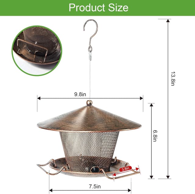 Detalle de IWTTWY hanging squirrel-proof metal bird feeder with weatherproof roof and 3 lbs seed capacity