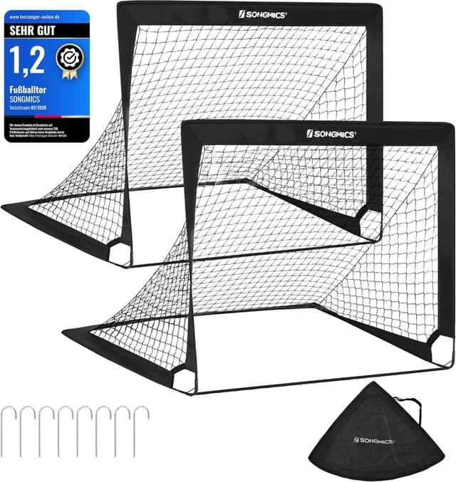 Detalle de SONGMICS Kinder-Fußballtore im 2er-Set (Pop-up), 90 x 120 x 90 cm – schnell aufbaubar für Garten, Park & Strand