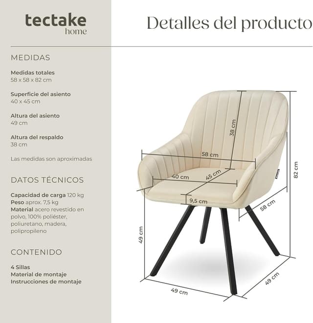Thumbnail 2 de tectake Sillas de Comedor Crema