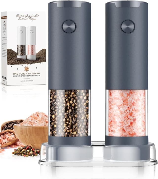 Detalle de Electric Salt and Pepper Grinder Set with Adjustable Levels, LED Light, and 4 AAA Battery Power (Grey)