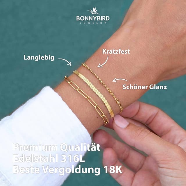 Detalle de BONNYBIRD® BonnyShine Premium Edelstahl Armband-Set Damen (Silber, Gold & Roségold) – 100% wasserfest