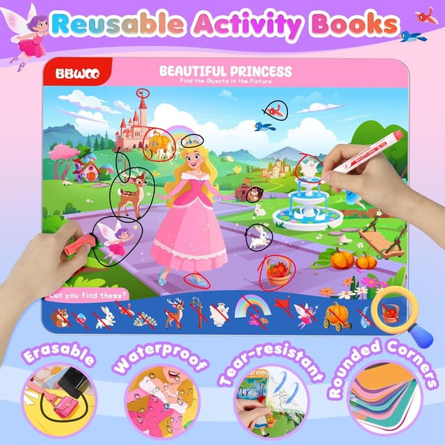 Detalle 2 de BBWOO 20 Themes Search and Find Books for Kids (Ages 3–5) – Princess travel seek-and-find activity set