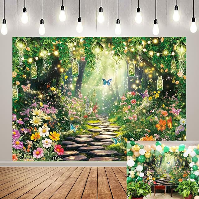 Detalle de Enchanted Forest Fairy Garden Photography Backdrop (8x6FT) – Vinyl photo background for spring party décor